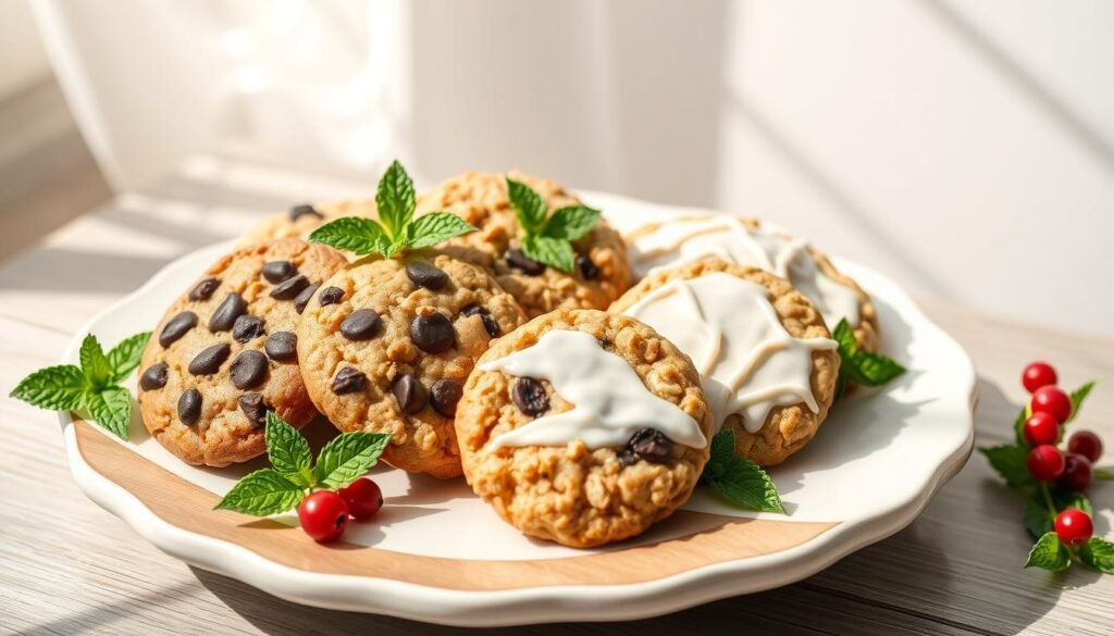 A beautifully arranged cookie platter showcasing a variety of cookies, including chocolate chip, oatmeal raisin, and sugar cookies delicately decorated with icing. The cookies are artistically placed on an elegant wooden or white ceramic platter, set against a soft, neutral background that enhances the colors of the cookies. The scene is well-lit, with natural sunlight illuminating the surface, creating inviting shadows and highlights. Incorporate fresh mint leaves and small clusters of berries around the platter for a touch of color. The image should evoke a warm, inviting atmosphere, perfect for a catering setting. The composition is shot from a slightly elevated angle, emphasizing the textures and details of the cookies, creating an appetizing visual.