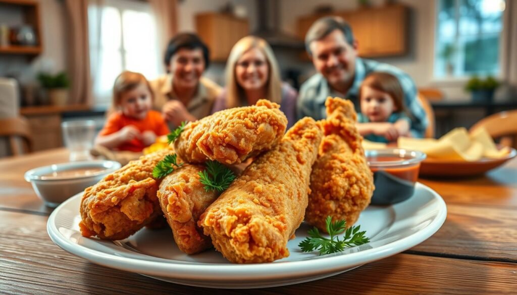 A beautifully arranged plate of freshly prepared fried chicken, showcasing crispy golden-brown skin and juicy meat. In the foreground, the chicken is presented on a rustic wooden table, garnished with sprigs of parsley and a side of dipping sauces. The middle layer features a family enjoying the meal, with parents and children in casual, modest clothing, smiles on their faces as they share this delicious food experience. The background is a cozy, inviting kitchen setting with soft, warm lighting filtering through a window, creating an atmosphere of warmth and togetherness. The image captures the essence of quality family dining, emphasizing fresh ingredients and the joy of sharing meals. Use a natural lens to create a soft focus on the background, highlighting the main dish.