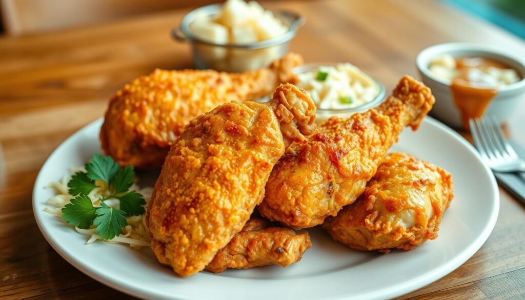 A beautifully arranged plate of original recipe chicken, showcasing crispy, golden-brown pieces glistening under soft, natural lighting. The chicken is artfully placed on a simple white platter, garnished with fresh parsley leaves, and accompanied by a side of coleslaw and a small serving of mashed potatoes with gravy. In the background, a wooden table setting creates a warm, inviting atmosphere. The focus is sharp on the chicken in the foreground, while the sides are slightly blurred to enhance depth. A shallow depth of field emphasizes the texture of the chicken’s crust. The scene conveys a sense of comfort and indulgence, inviting viewers to explore their meal options thoughtfully. No text, captions, or branding included.