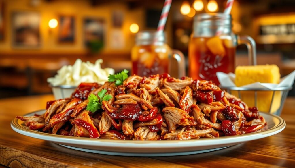 A beautifully arranged plate of pulled pork in the foreground, showcasing tender, succulent strands of slow-cooked barbecue pork, glistening with a rich, smoky sauce. The dish is garnished with fresh parsley and served alongside classic sides: creamy coleslaw and golden cornbread. In the middle ground, a rustic wooden table adds a touch of warmth, while a mason jar filled with iced tea sits nearby, capturing the essence of a Texas Roadhouse lunch. The background features a blurred interior of a casual dining restaurant with warm lighting and wooden accents, creating a cozy atmosphere. The image should be shot from a slightly elevated angle to highlight the delicious details of the pulled pork and sides, evoking a mouth-watering, inviting feel perfect for sharing a Texas-style meal. A beautifully arranged plate of pulled pork in the foreground, showcasing tender, succulent strands of slow-cooked barbecue pork, glistening with a rich, smoky sauce. The dish is garnished with fresh parsley and served alongside classic sides: creamy coleslaw and golden cornbread. In the middle ground, a rustic wooden table adds a touch of warmth, while a mason jar filled with iced tea sits nearby, capturing the essence of a Texas Roadhouse lunch. The background features a blurred interior of a casual dining restaurant with warm lighting and wooden accents, creating a cozy atmosphere. The image should be shot from a slightly elevated angle to highlight the delicious details of the pulled pork and sides, evoking a mouth-watering, inviting feel perfect for sharing a Texas-style meal.