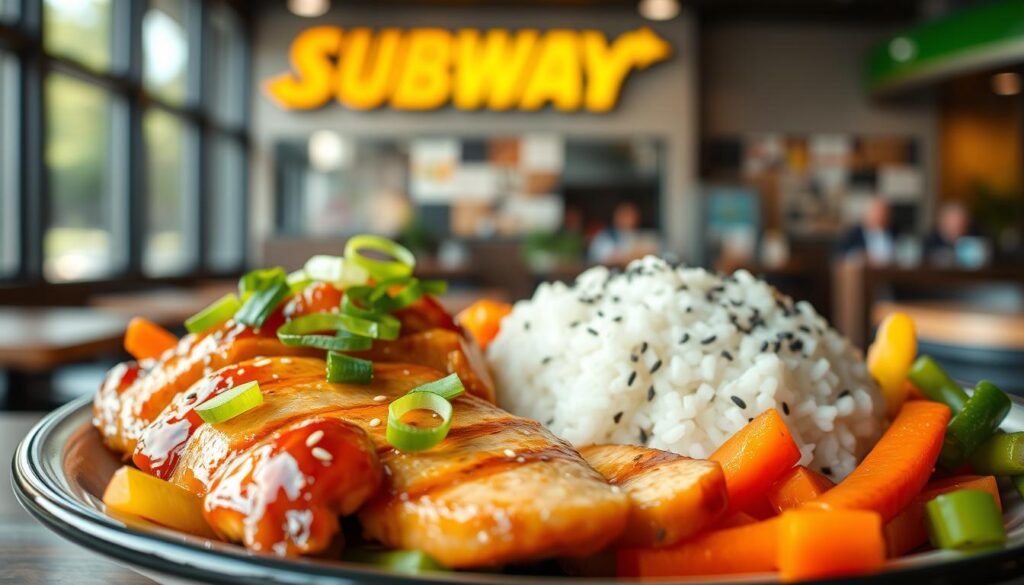 A beautifully arranged plate of sweet onion chicken teriyaki, showcasing succulent slices of grilled chicken glazed with a shiny, sweet teriyaki sauce, topped with thinly sliced green onions and sesame seeds. In the foreground, vibrant colors create an appetizing contrast, highlighting the warm, golden hue of the chicken against a backdrop of fresh, colorful vegetables like bell peppers and carrots. The middle ground features a fluffy serving of white rice shaped neatly, dusted lightly with black sesame seeds. The background is softly blurred with a hint of a modern Subway restaurant interior, filled with natural light streaming through large windows. The mood is inviting and fresh, perfect for a tantalizing food feature.
