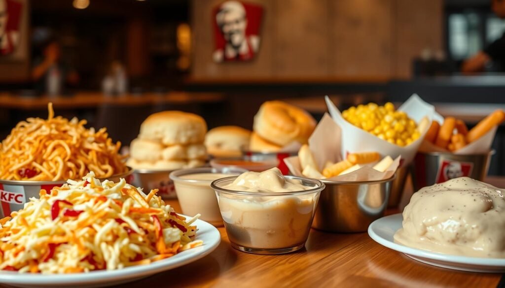 A beautifully arranged table displaying an enticing selection of KFC side combinations. In the foreground, a vibrant plate of crispy coleslaw is next to creamy mashed potatoes with gravy, and a steaming bowl of buttery corn. In the middle, several dipping sauces like honey mustard and ranch complement tantalizing biscuits. The background features a subtle KFC restaurant ambiance, with soft lighting that highlights the food’s textures. Use a shallow depth of field to create a soft blur in the backdrop, focusing sharply on the sides. The photograph should evoke a warm and inviting atmosphere, making the viewer crave a delicious KFC meal, with a cozy yet dynamic presentation style. A beautifully arranged table displaying an enticing selection of KFC side combinations. In the foreground, a vibrant plate of crispy coleslaw is next to creamy mashed potatoes with gravy, and a steaming bowl of buttery corn. In the middle, several dipping sauces like honey mustard and ranch complement tantalizing biscuits. The background features a subtle KFC restaurant ambiance, with soft lighting that highlights the food’s textures. Use a shallow depth of field to create a soft blur in the backdrop, focusing sharply on the sides. The photograph should evoke a warm and inviting atmosphere, making the viewer crave a delicious KFC meal, with a cozy yet dynamic presentation style.