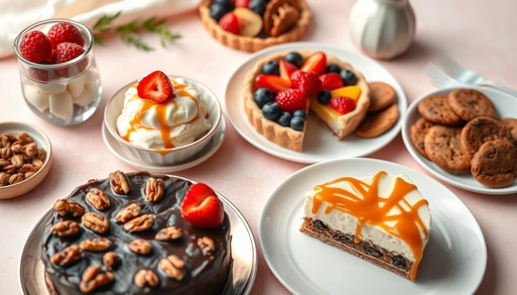 A beautifully arranged table featuring a selection of desserts and sweet treats representing common allergens. In the foreground, a chocolate cake with visible nuts, a creamy cheesecake topped with strawberries, and a bowl of vanilla ice cream garnished with a drizzle of caramel. In the middle, a fruit tart showcasing a colorful array of fruits, and a plate of cookies with gluten-laden ingredients. The background includes soft pastel hues that evoke a warm and inviting atmosphere, with soft, diffused lighting highlighting the textures of the desserts. A gentle overhead angle captures the entire spread, emphasizing the details of each dessert while creating a mouth-watering mood.