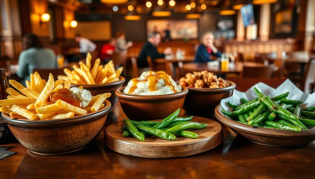 A beautifully arranged table featuring a variety of Texas Roadhouse scratch sides, showcasing crisp, golden-brown fries, creamy mashed potatoes with a dollop of gravy, and vibrant, sautéed green beans. The sides are plated in rustic ceramic bowls, emphasizing a home-cooked, hearty feel. In the middle ground, a tastefully decorated wooden table complements the array of sides, surrounded by warm, inviting lighting that creates a cozy atmosphere. Soft shadows add depth, while a blurred background hints at a bustling Texas Roadhouse setting, complete with wooden accents and patrons enjoying their meals. The image conveys a warm, appetizing mood, perfect for food lovers. A beautifully arranged table featuring a variety of Texas Roadhouse scratch sides, showcasing crisp, golden-brown fries, creamy mashed potatoes with a dollop of gravy, and vibrant, sautéed green beans. The sides are plated in rustic ceramic bowls, emphasizing a home-cooked, hearty feel. In the middle ground, a tastefully decorated wooden table complements the array of sides, surrounded by warm, inviting lighting that creates a cozy atmosphere. Soft shadows add depth, while a blurred background hints at a bustling Texas Roadhouse setting, complete with wooden accents and patrons enjoying their meals. The image conveys a warm, appetizing mood, perfect for food lovers.