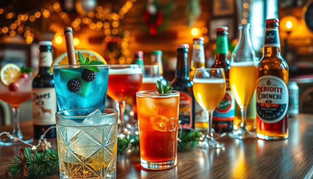 A beautifully arranged table featuring a variety of holiday drinks, including brightly colored cocktails garnished with festive fruit slices, sparkling glasses of spiced cider, and vibrant beer bottles with winter-themed labels. In the foreground, focus on a shimmering cocktail with a cinnamon stick and a sprig of mint. In the middle, display a collection of drinks encircled by small pine branches and twinkling fairy lights, creating an inviting atmosphere. The background gently transitions into a softly lit tavern setting, filled with rustic wooden textures and seasonal decorations. Use warm lighting to enhance the cozy, celebratory mood, and a slight bokeh effect to create depth. The image should convey the essence of holiday cheer and special gatherings. A beautifully arranged table featuring a variety of holiday drinks, including brightly colored cocktails garnished with festive fruit slices, sparkling glasses of spiced cider, and vibrant beer bottles with winter-themed labels. In the foreground, focus on a shimmering cocktail with a cinnamon stick and a sprig of mint. In the middle, display a collection of drinks encircled by small pine branches and twinkling fairy lights, creating an inviting atmosphere. The background gently transitions into a softly lit tavern setting, filled with rustic wooden textures and seasonal decorations. Use warm lighting to enhance the cozy, celebratory mood, and a slight bokeh effect to create depth. The image should convey the essence of holiday cheer and special gatherings.