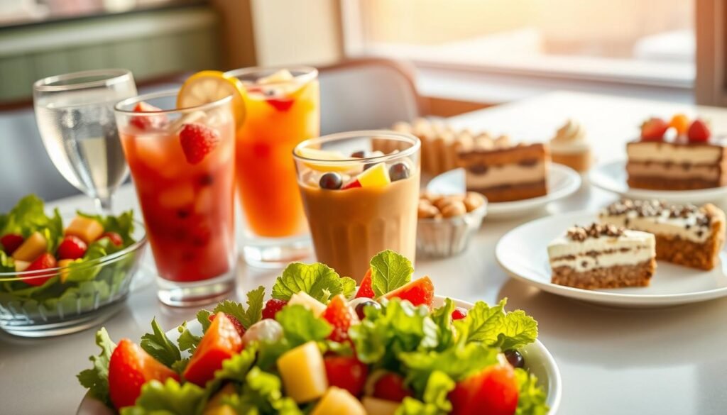 A beautifully arranged table featuring an assortment of Subway's sides, drinks, and desserts. In the foreground, a vibrant green salad with crisp vegetables and a light dressing, accompanied by a small bowl of fresh fruit salad displaying bright berries and melons. Just behind, a clear glass with sparkling water garnished with a slice of lemon and a colorful fruit smoothie in a reusable cup, showcasing layers of fresh fruit. In the background, a tempting array of desserts, including a slice of chocolate chip cookie cake, a small parfait of yogurt and granola, and a mini fruit tart on a delicate plate. Warm, natural lighting floods the scene, creating a fresh and inviting atmosphere. The image emphasizes healthy choices alongside indulgent treats, highlighting a balance of nutrition.