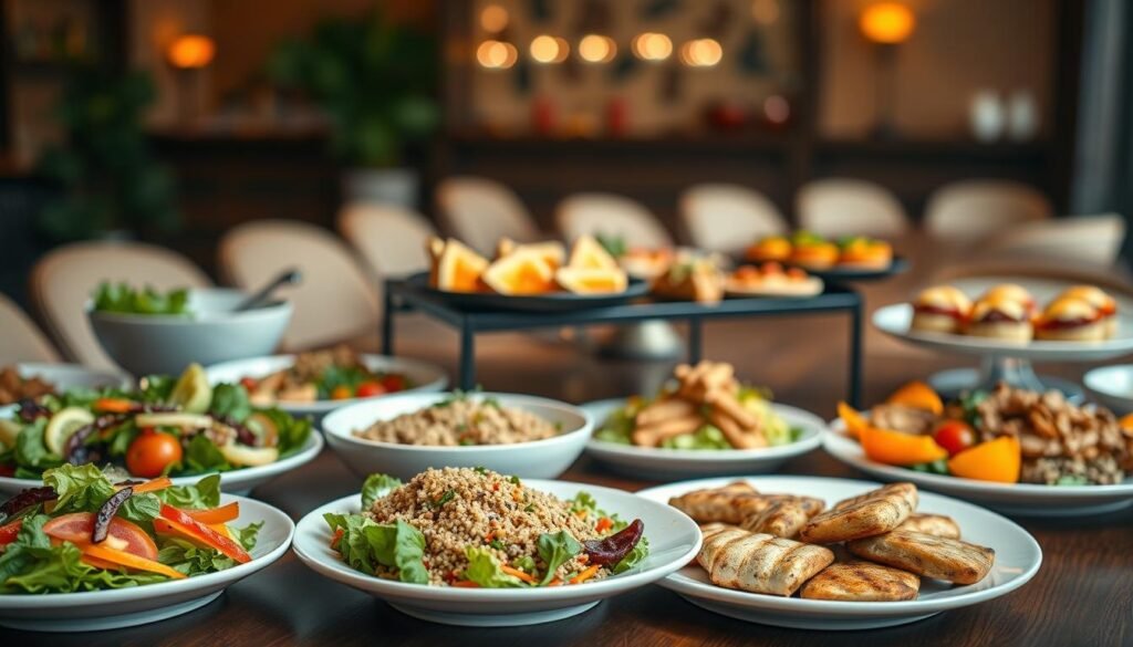 A beautifully arranged table showcasing a variety of dietary options for a catering menu. In the foreground, feature colorful salads with fresh vegetables, grain bowls with quinoa, and protein options like grilled chicken and fish, all artfully presented on elegant plates. The middle ground should include attractive appetizers, such as vegetable spring rolls and fruit platters, creating an inviting atmosphere. In the background, a softly blurred setting of a cheerful dining environment with warm lighting, enhancing the welcoming feel. Use a warm, inviting color palette to evoke a sense of comfort and satisfaction. The focus should be on the food, with a close-up perspective capturing the textures and colors of the dishes, highlighting customization options. The overall mood is professional and appetizing, suitable for a catering context.