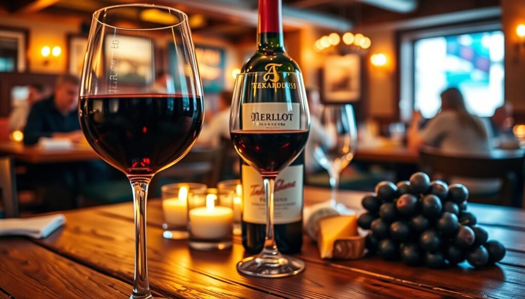 A beautifully arranged wine scene featuring a full glass of deep crimson Merlot alongside a rustic wooden table. In the foreground, the glass catches the soft golden light from nearby candles, reflecting shadows that enhance its rich color. In the middle, a carefully selected wine bottle showcases elegant labeling, with a couple of light snack pairings such as cheese and grapes subtly displayed at the side. The background reveals a cozy Texas Roadhouse environment with warm wood tones and softly blurred images of diners enjoying their meals, creating a convivial atmosphere. The overall lighting is warm and inviting, suggesting a relaxed and enjoyable dining experience suitable for steak nights or lighter meals. A beautifully arranged wine scene featuring a full glass of deep crimson Merlot alongside a rustic wooden table. In the foreground, the glass catches the soft golden light from nearby candles, reflecting shadows that enhance its rich color. In the middle, a carefully selected wine bottle showcases elegant labeling, with a couple of light snack pairings such as cheese and grapes subtly displayed at the side. The background reveals a cozy Texas Roadhouse environment with warm wood tones and softly blurred images of diners enjoying their meals, creating a convivial atmosphere. The overall lighting is warm and inviting, suggesting a relaxed and enjoyable dining experience suitable for steak nights or lighter meals.