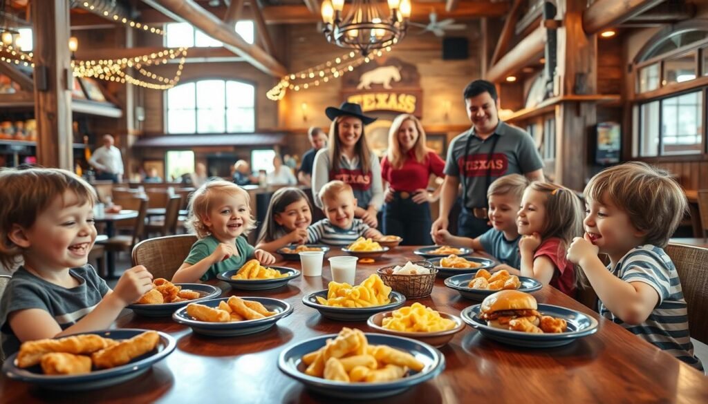 A charming family dining scene inside a Texas Roadhouse restaurant. In the foreground, a wooden table is filled with a vibrant array of kids' meal options, including colorful plates of chicken tenders, macaroni and cheese, and mini burgers. Cheerful children are seated at the table, dressed in casual attire, laughing and enjoying their meals. In the middle ground, friendly waitstaff in Texas Roadhouse uniforms serve the food, displaying warm smiles. The background features rustic decor with wooden beams, twinkling string lights, and western-themed accents, creating a cozy and inviting atmosphere. Soft, warm lighting floods the scene, evoking a sense of comfort and family bonding, captured from a mid-angle perspective to emphasize the lively interactions and delicious food. A charming family dining scene inside a Texas Roadhouse restaurant. In the foreground, a wooden table is filled with a vibrant array of kids' meal options, including colorful plates of chicken tenders, macaroni and cheese, and mini burgers. Cheerful children are seated at the table, dressed in casual attire, laughing and enjoying their meals. In the middle ground, friendly waitstaff in Texas Roadhouse uniforms serve the food, displaying warm smiles. The background features rustic decor with wooden beams, twinkling string lights, and western-themed accents, creating a cozy and inviting atmosphere. Soft, warm lighting floods the scene, evoking a sense of comfort and family bonding, captured from a mid-angle perspective to emphasize the lively interactions and delicious food.
