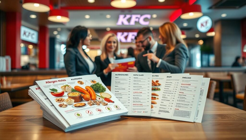 A clean and organized layout of allergen notes displayed prominently on a restaurant-style wooden table, showcasing a variety of colorful, fresh ingredients representing common allergens like nuts, dairy, gluten, and shellfish. In the foreground, a neatly arranged stack of printed allergen information forms a fan, with clear icons and symbols indicating allergy categories. The middle of the image features a professional, diverse group of four adults in smart casual attire, discussing menu options, with one pointing to the allergen notes. The background is softly blurred to suggest a bustling KFC restaurant ambiance with warm lighting, red and white colors, and cozy wooden decor. The overall mood is informative and inviting, encouraging thoughtful dining choices for group orders.