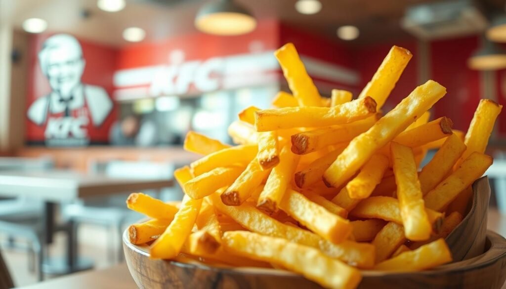 A close-up of a generous serving of golden, crispy fries, perfectly arranged in a rustic wooden bowl. The fries are glistening under soft, natural lighting, showcasing their crunchy texture and inviting color. In the background, a blurred view of a KFC-style restaurant is implied, featuring recognizable elements such as a red-and-white theme without specific logos. The mood is lively yet casual, suggesting a friendly dining atmosphere. The image should have a shallow depth of field, drawing focus to the fries while hinting at a comforting lunch or snack experience. No people or branding should be evident, creating a clean, appetizing scene perfect for an article showcasing gluten-free dining options. A close-up of a generous serving of golden, crispy fries, perfectly arranged in a rustic wooden bowl. The fries are glistening under soft, natural lighting, showcasing their crunchy texture and inviting color. In the background, a blurred view of a KFC-style restaurant is implied, featuring recognizable elements such as a red-and-white theme without specific logos. The mood is lively yet casual, suggesting a friendly dining atmosphere. The image should have a shallow depth of field, drawing focus to the fries while hinting at a comforting lunch or snack experience. No people or branding should be evident, creating a clean, appetizing scene perfect for an article showcasing gluten-free dining options.
