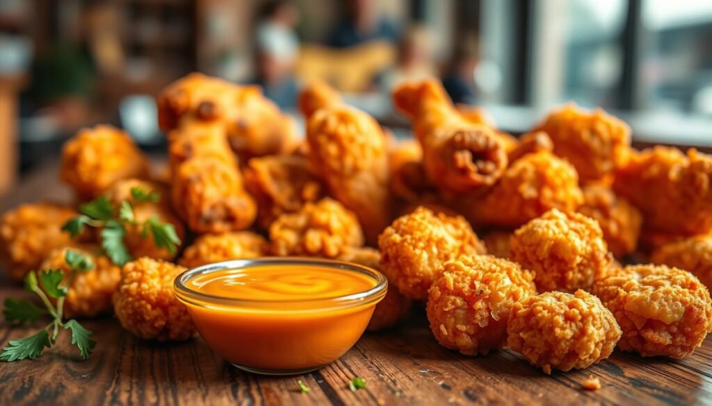 A close-up shot of a delicious, crispy serving of KFC nuggets arranged artfully on a rustic wooden table, showcasing their golden-brown exterior and tempting texture. The foreground features a small bowl of dipping sauce, glistening and vibrant in color, with herbs sprinkled around for added flavor. In the middle ground, a few tender chicken tenders and crispy wings can be seen, contributing to a delightful variety of fried chicken items. The background is softly blurred to enhance the focus on the food, with warm, inviting lighting that highlights the juicy details and crunchy coating of each piece. The atmosphere is casual and appetizing, inviting the viewer to savor the experience of a tasty meal.