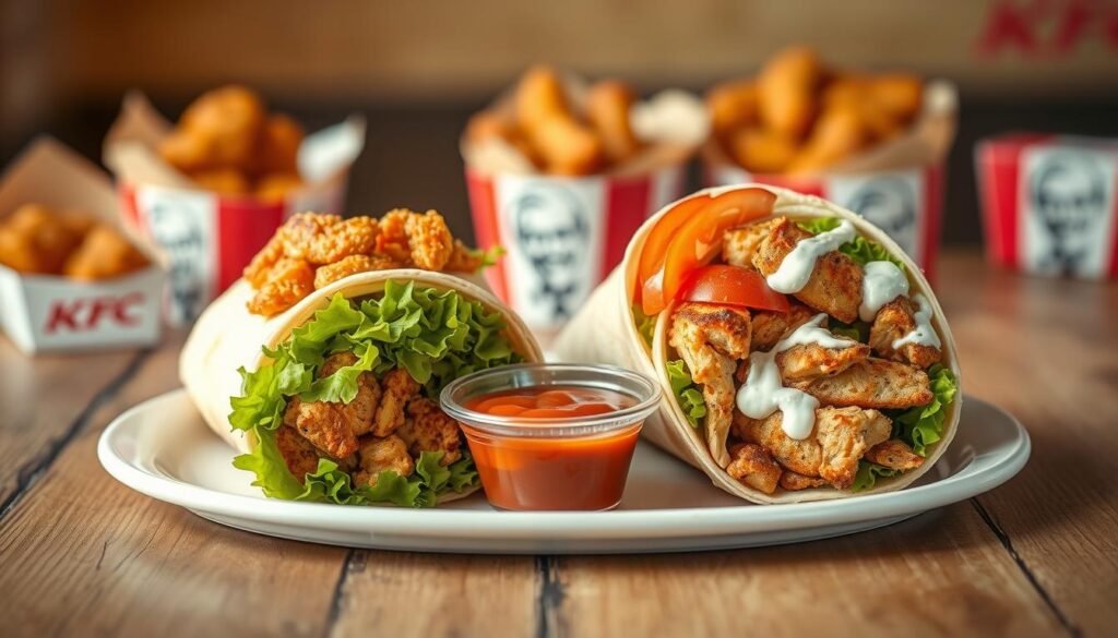A close-up shot of a delightful two-wrap deal from KFC, beautifully presented on a rustic wooden table. In the foreground, highlight two distinct wraps, one filled with crispy chicken, fresh lettuce, and zesty sauce, the other with spicy grilled chicken, vibrant tomatoes, and creamy ranch dressing, elegantly arranged on a white ceramic plate. In the middle background, show a small dipping sauce cup filled with tangy barbecue sauce, adding color and inviting appeal. Soft, warm lighting creates a welcoming and appetizing atmosphere, emphasizing the textures of the wraps. The background softly fades with hints of KFC branding and blurred fried chicken baskets, creating a cozy fast-food restaurant vibe, focusing solely on the delicious meal presentation without any distractions.