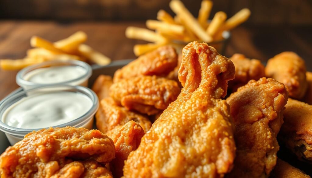 A close-up shot of a platter featuring crispy fried chicken wings, golden brown and perfectly textured. The foreground showcases the wings glistening with a light coating of seasoning. Juicy meat peeks through the crispy exterior, highlighting their tenderness. A side of classic dipping sauces, like ranch and barbecue, creates a vibrant contrast. In the middle ground, a blurred array of crispy French fries adds appeal, hinting at a fast-food context. The background features a rustic wooden table setting, evoking a warm, inviting atmosphere. Soft golden lighting enhances the textures and colors, creating an appetizing glow. The angle is slightly above eye level, inviting viewers to enjoy the deliciousness of the wings, emphasizing a friendly, casual dining mood. A close-up shot of a platter featuring crispy fried chicken wings, golden brown and perfectly textured. The foreground showcases the wings glistening with a light coating of seasoning. Juicy meat peeks through the crispy exterior, highlighting their tenderness. A side of classic dipping sauces, like ranch and barbecue, creates a vibrant contrast. In the middle ground, a blurred array of crispy French fries adds appeal, hinting at a fast-food context. The background features a rustic wooden table setting, evoking a warm, inviting atmosphere. Soft golden lighting enhances the textures and colors, creating an appetizing glow. The angle is slightly above eye level, inviting viewers to enjoy the deliciousness of the wings, emphasizing a friendly, casual dining mood.