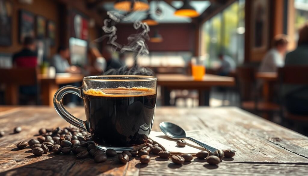 A close-up shot of a steaming cup of freshly brewed coffee on a rustic wooden table. The coffee is rich and dark, with a subtle crema on top, indicating quality craftsmanship. Surrounding the cup, there are scattered coffee beans and a small silver spoon resting on a napkin. In the background, softly blurred, there is a sunny morning scene of a KFC restaurant’s cozy breakfast area, with patrons enjoying their meals. Natural light floods the scene, creating warm, inviting tones and soft shadows. The composition is shot at a slight angle to emphasize the textures of the wooden table and the inviting steam rising from the coffee. The atmosphere is warm, relaxed, and inviting, perfect for illustrating a morning beverage experience. A close-up shot of a steaming cup of freshly brewed coffee on a rustic wooden table. The coffee is rich and dark, with a subtle crema on top, indicating quality craftsmanship. Surrounding the cup, there are scattered coffee beans and a small silver spoon resting on a napkin. In the background, softly blurred, there is a sunny morning scene of a KFC restaurant’s cozy breakfast area, with patrons enjoying their meals. Natural light floods the scene, creating warm, inviting tones and soft shadows. The composition is shot at a slight angle to emphasize the textures of the wooden table and the inviting steam rising from the coffee. The atmosphere is warm, relaxed, and inviting, perfect for illustrating a morning beverage experience.
