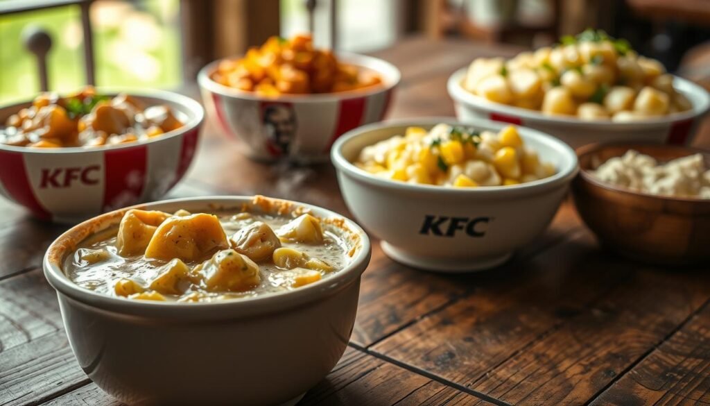 A close-up view of a rustic wooden table showcasing an array of KFC comfort food bowls, including chicken pot pie, mashed potato bowls, and the famous famous bowls. Each bowl is filled with colorful ingredients like tender chicken, creamy gravy, vibrant corn, and fluffy mashed potatoes. The foreground features a steaming bowl of chicken pot pie, with golden crust peeking through. In the middle, the other bowls are artfully arranged, all topped with fresh herbs. In the background, soft natural lighting illuminates the scene, creating a warm and inviting atmosphere. The angle is slightly above eye level, capturing the textures and colors of the food while evoking a sense of indulgent comfort. No text or overlays.