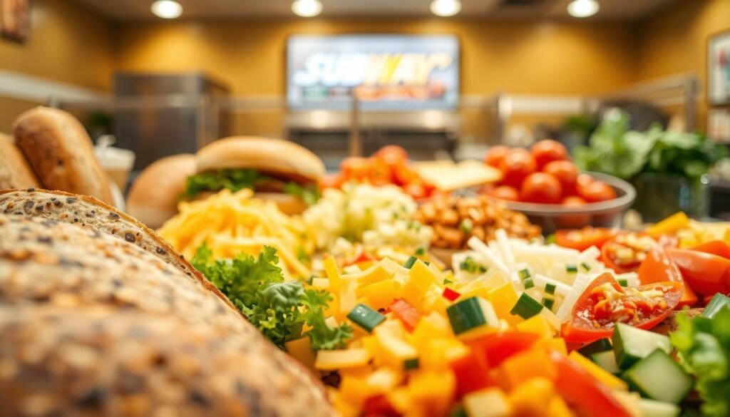 A close-up view of a vibrant Subway sandwich assembly station featuring various fresh ingredients. In the foreground, showcase a selection of artisan breads—ciabatta, whole grain, and white rolls—artistically arranged. In the middle ground, display an assortment of cheeses like cheddar, Swiss, and provolone, accompanied by colorful, chopped veggies such as lettuce, tomatoes, cucumbers, and peppers. The background should include an inviting ambiance with soft, warm lighting that highlights the freshness of the ingredients. Use a shallow depth of field to create a soft blur on the surroundings, emphasizing the delectable choice of bread, cheese, and veggies. The mood conveys a sense of excitement and customization, inviting the viewer to envision their perfect sandwich order.