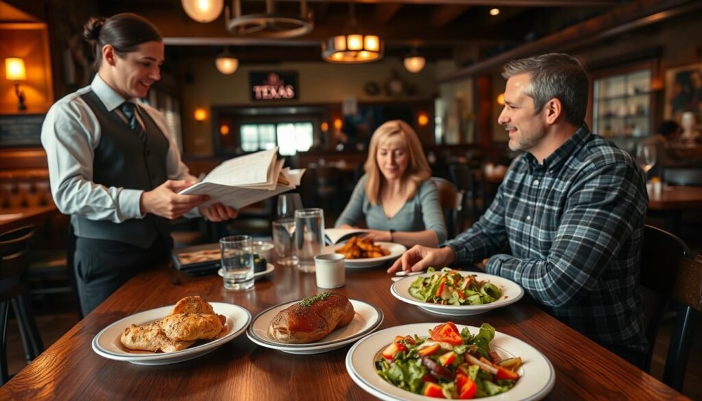 A cozy restaurant setting depicting a table at Texas Roadhouse, focusing on an inviting, gluten-free menu being presented. In the foreground, a friendly server, dressed in smart casual attire, is explaining the gluten-free options to a couple seated at the table, who are attentively listening and taking notes. The middle ground features a wooden table with a selection of gluten-free dishes, including grilled chicken, baked sweet potatoes, and fresh salad, beautifully plated. The background captures the rustic charm of the restaurant, with warm lighting and wooden décor that creates a welcoming atmosphere. The image should convey a sense of ease and confidence in ordering gluten-free, highlighting the importance of clear communication and delicious food. Use a wide-angle lens to create depth and include soft, natural lighting to enhance the warm ambiance. A cozy restaurant setting depicting a table at Texas Roadhouse, focusing on an inviting, gluten-free menu being presented. In the foreground, a friendly server, dressed in smart casual attire, is explaining the gluten-free options to a couple seated at the table, who are attentively listening and taking notes. The middle ground features a wooden table with a selection of gluten-free dishes, including grilled chicken, baked sweet potatoes, and fresh salad, beautifully plated. The background captures the rustic charm of the restaurant, with warm lighting and wooden décor that creates a welcoming atmosphere. The image should convey a sense of ease and confidence in ordering gluten-free, highlighting the importance of clear communication and delicious food. Use a wide-angle lens to create depth and include soft, natural lighting to enhance the warm ambiance.