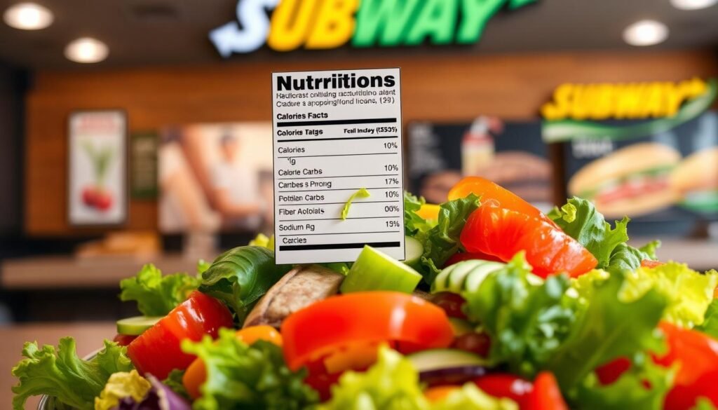 A detailed and visually appealing nutrition facts label, centered in the foreground, showcases key nutritional information for a Subway salad. The label prominently features statistics for calories, protein, carbs, fat, fiber, and sodium, presented in clean, easy-to-read typography. In the middle ground, a vibrant, fresh salad filled with colorful vegetables like red peppers, cucumbers, and leafy greens complements the label, highlighting the freshness of the ingredients. The background features a blurred Subway restaurant setting that subtly suggests a welcoming, casual dining atmosphere. Use soft, natural lighting to enhance the freshness of the salad and the clarity of the nutrition label, with a slight tilt-angle view that invites engagement. The overall mood is informative and appetizing, perfect for health-conscious readers.