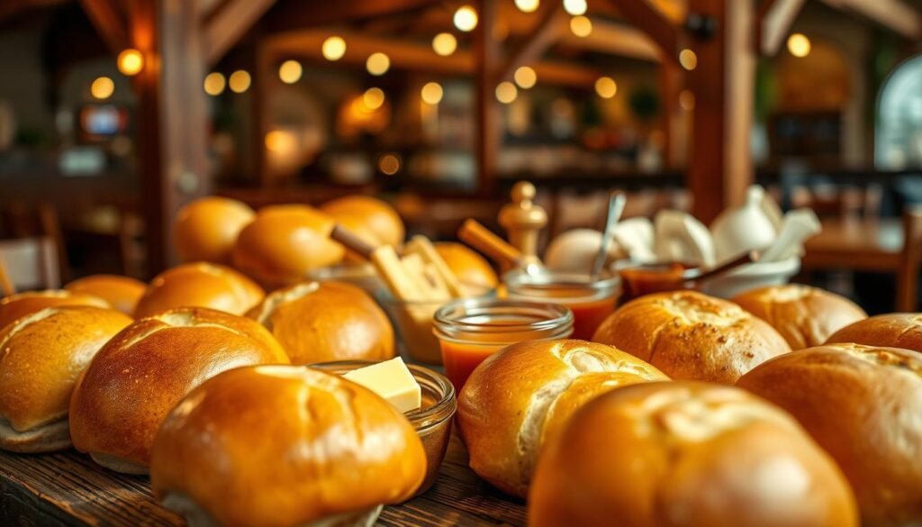 A lavish spread of freshly baked rolls is displayed on a rustic wooden table. The foreground showcases golden-brown, fluffy rolls, some lightly brushed with melted butter, glistening under warm lighting. Next to the rolls, a small dish of rich, creamy butter, partially spread, offers a tempting contrast. In the middle, a vibrant selection of crowd-favorite add-ons such as honey, cinnamon butter, and a variety of dipping sauces are artistically arranged. The background features a blurred ambiance of a cozy restaurant, with wooden beams and soft, ambient lighting contributing to a warm, inviting atmosphere. A close-up shot captures intricate details of the rolls' texture, with a shallow depth of field enhancing the focus on the food. Overall, the mood exudes a sense of comfort and delicious indulgence.