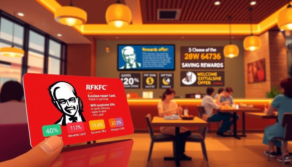 A modern and engaging illustration of a KFC rewards program, featuring a digital rewards card prominently in the foreground, displaying vibrant icons representing points, discounts, and exclusive offers. In the middle ground, showcase a welcoming KFC restaurant interior, with customers enjoying their meals and a digital screen highlighting current specials and rewards promotions. The background should depict an inviting, warm atmosphere with golden lighting emanating from stylish fixtures, creating a cozy vibe. Capture this scene from a slightly angled perspective, adding depth and inviting viewers into the space. The overall mood should be cheerful and optimistic, emphasizing the joy of saving money through rewards at KFC.