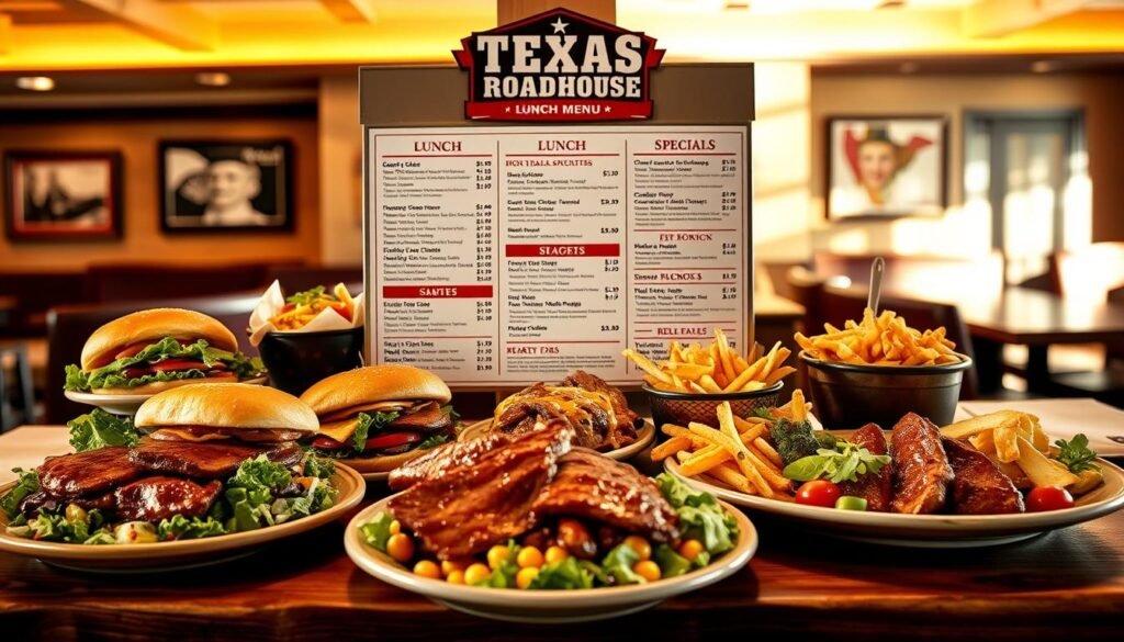 A neatly arranged Texas Roadhouse lunch menu, elegantly displayed on a rustic wooden table. The foreground features a variety of delicious food items typical of a lunch menu, such as juicy steak sandwiches, crisp salads, and hearty sides, artfully plated and garnished. In the middle, a beautifully designed menu board showcases the options and prices in an organized layout, with a clear focus on lunch deals and specials. The background hints at a warm and inviting restaurant interior, with warm lighting casting soft shadows, creating a cozy atmosphere. Photographed from a slightly elevated angle using a soft focus lens, the image evokes a sense of comfort and excitement for dining, without any text or overlays. A neatly arranged Texas Roadhouse lunch menu, elegantly displayed on a rustic wooden table. The foreground features a variety of delicious food items typical of a lunch menu, such as juicy steak sandwiches, crisp salads, and hearty sides, artfully plated and garnished. In the middle, a beautifully designed menu board showcases the options and prices in an organized layout, with a clear focus on lunch deals and specials. The background hints at a warm and inviting restaurant interior, with warm lighting casting soft shadows, creating a cozy atmosphere. Photographed from a slightly elevated angle using a soft focus lens, the image evokes a sense of comfort and excitement for dining, without any text or overlays.