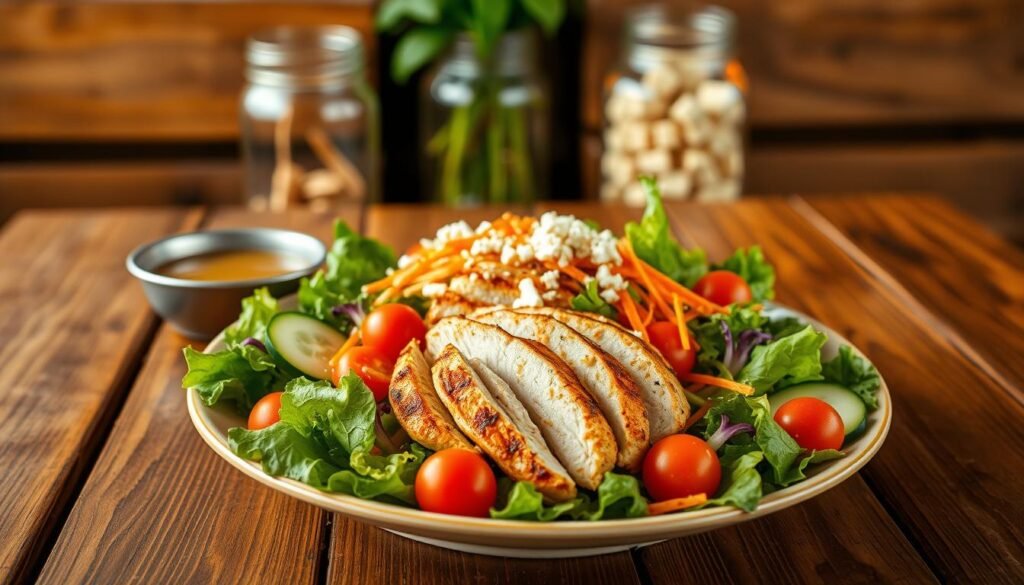A vibrant and appetizing grilled chicken salad displayed on a rustic wooden table. In the foreground, a hearty portion of sliced grilled chicken breast is artfully arranged over a bed of fresh mixed greens, including crisp romaine and colorful cherry tomatoes. Thinly sliced cucumbers and shredded carrots add a crunchy texture, while a light drizzle of tangy vinaigrette glistens on top. The middle ground features a small bowl of extra dressing and a sprinkle of feta cheese for added flavor. In the background, softly blurred wooden benches and decorative mason jars create a warm, inviting atmosphere reminiscent of a cozy restaurant. The scene is bathed in warm, natural lighting, evoking a relaxed, casual dining experience. The angle captures the entire dish with a slight overhead perspective, highlighting the freshness and vibrant colors of the ingredients. A vibrant and appetizing grilled chicken salad displayed on a rustic wooden table. In the foreground, a hearty portion of sliced grilled chicken breast is artfully arranged over a bed of fresh mixed greens, including crisp romaine and colorful cherry tomatoes. Thinly sliced cucumbers and shredded carrots add a crunchy texture, while a light drizzle of tangy vinaigrette glistens on top. The middle ground features a small bowl of extra dressing and a sprinkle of feta cheese for added flavor. In the background, softly blurred wooden benches and decorative mason jars create a warm, inviting atmosphere reminiscent of a cozy restaurant. The scene is bathed in warm, natural lighting, evoking a relaxed, casual dining experience. The angle captures the entire dish with a slight overhead perspective, highlighting the freshness and vibrant colors of the ingredients.