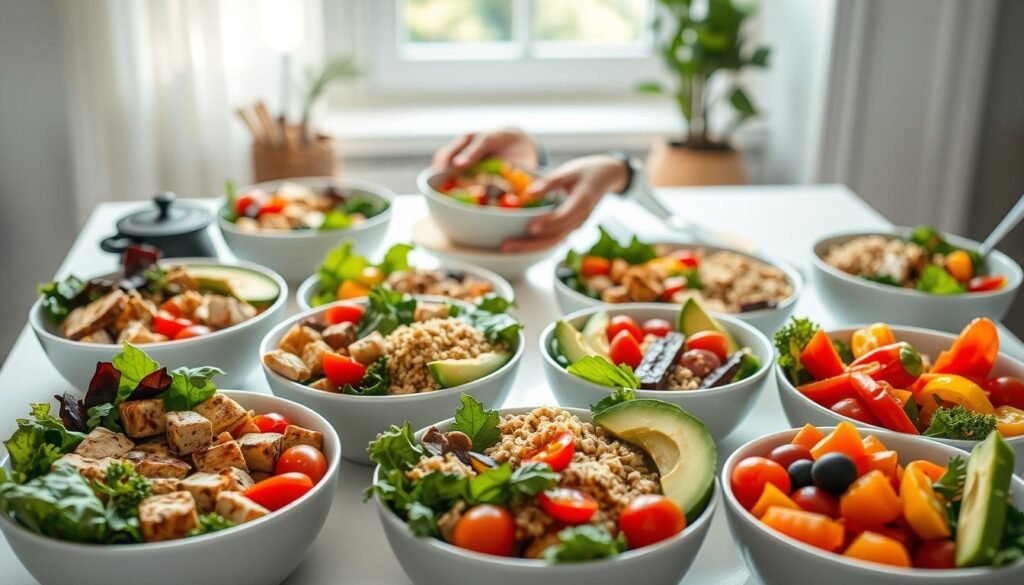 A vibrant and colorful close-up of an assortment of protein bowls arranged beautifully on a clean, white tabletop. The foreground features a variety of bowls filled with fresh ingredients, such as grilled chicken, tofu, mixed greens, quinoa, cherry tomatoes, avocado slices, and colorful bell peppers, artfully organized to showcase their textures and colors. In the middle ground, a pair of hands is gently lifting one of the bowls, hinting at a casual dining experience. In the background, soft, natural lighting from a nearby window creates a warm and inviting atmosphere. The image should emphasize the health-conscious aspect of the dishes, with a focus on freshness and nutrition while maintaining a cozy yet stylish vibe. No text or logos present.