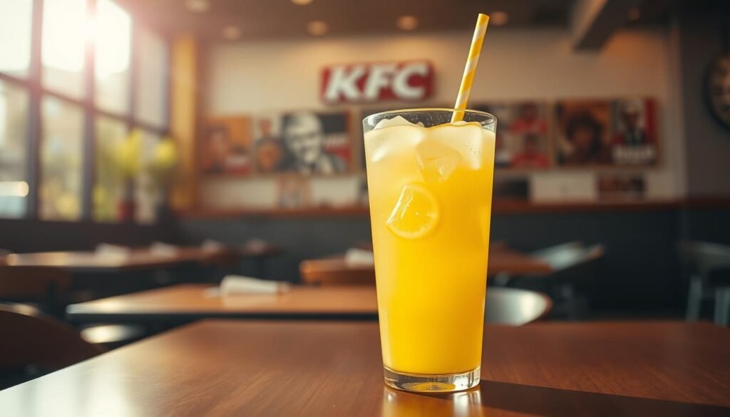 A vibrant and refreshing scene featuring a KFC lemonade cup, prominently displayed in the foreground. The glass is filled with bright yellow lemonade, ice cubes glistening under soft, natural lighting, and a colorful straw nestled inside. In the middle ground, a blurred background shows a modern KFC restaurant setting, creating a casual dining atmosphere with warm, inviting tones. Sunlight filters through the windows, casting gentle reflections on the table. The mood is cheerful and refreshing, inviting viewers to imagine enjoying a cool drink on a warm day. The composition emphasizes the lemonade, celebrating its vibrant color and enticing appearance without any distracting elements. A vibrant and refreshing scene featuring a KFC lemonade cup, prominently displayed in the foreground. The glass is filled with bright yellow lemonade, ice cubes glistening under soft, natural lighting, and a colorful straw nestled inside. In the middle ground, a blurred background shows a modern KFC restaurant setting, creating a casual dining atmosphere with warm, inviting tones. Sunlight filters through the windows, casting gentle reflections on the table. The mood is cheerful and refreshing, inviting viewers to imagine enjoying a cool drink on a warm day. The composition emphasizes the lemonade, celebrating its vibrant color and enticing appearance without any distracting elements.