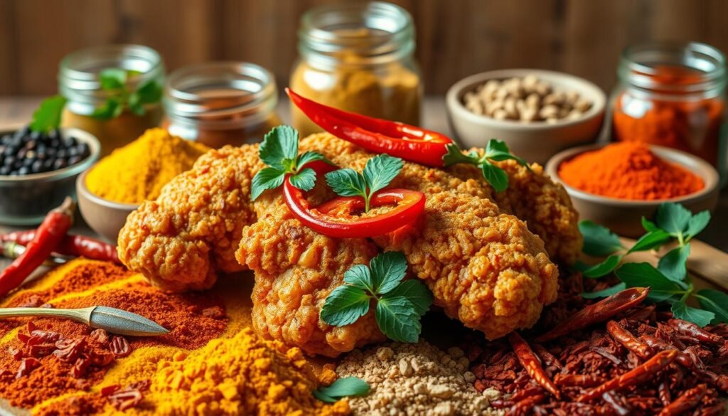 A vibrant arrangement of various spices in an appealing display, centered around a mouth-watering fried chicken piece inspired by KFC's Zinger sandwich. In the foreground, showcase rich, red chili flakes, golden turmeric, and deep green herbs, creating a visual feast that emphasizes bold flavors. The middle layer features the fried chicken, crisp and glistening, garnished with fresh herbs and a slice of fiery red chili for accent. In the background, a wooden table setting adds warmth, with rustic jars and bowls filled with other spices like black pepper and cumin. Soft, natural lighting highlights the spices and chicken, casting gentle shadows to enhance depth. The atmosphere is inviting and spicy, perfect for enticing heat lovers.