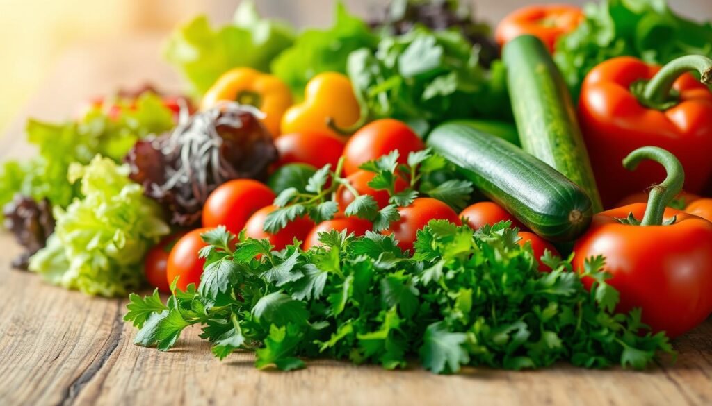 A vibrant assortment of fresh vegetables arranged artistically on a clean, rustic wooden table. In the foreground, crisp greens such as lettuce, spinach, and arugula showcase their lush textures, while juicy tomatoes, cucumbers, and bell peppers add bright pops of color. In the middle, a few neatly chopped herbs like basil and cilantro provide an aromatic touch, creating a sense of abundance and freshness. The background is softly blurred to highlight the vegetables, with a gentle, warm natural light illuminating the scene, creating an inviting atmosphere. The lens captures a close-up perspective, emphasizing the details and freshness of the produce, enticing viewers to explore the world of sandwich toppings.