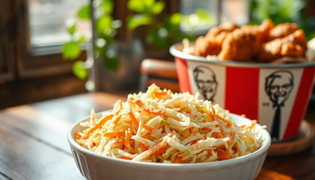 A vibrant bowl of KFC coleslaw, prominently displayed in the foreground, filled with finely shredded cabbage, carrots, and a creamy dressing glistening under soft, natural light. The bowl should be white ceramic, contrasting against a rustic wooden table surface. In the middle ground, a rustic KFC bucket filled with crispy fried chicken, partially visible, hints at an inviting meal setting. In the background, softly blurred, a hint of green foliage adds freshness to the atmosphere. The overall mood should evoke a sense of comfort and indulgence, showcasing a delicious side dish that complements a hearty meal. The composition should be shot at eye level with a shallow depth of field for crisp detail on the coleslaw while gently blurring the background to draw focus to the dish. A vibrant bowl of KFC coleslaw, prominently displayed in the foreground, filled with finely shredded cabbage, carrots, and a creamy dressing glistening under soft, natural light. The bowl should be white ceramic, contrasting against a rustic wooden table surface. In the middle ground, a rustic KFC bucket filled with crispy fried chicken, partially visible, hints at an inviting meal setting. In the background, softly blurred, a hint of green foliage adds freshness to the atmosphere. The overall mood should evoke a sense of comfort and indulgence, showcasing a delicious side dish that complements a hearty meal. The composition should be shot at eye level with a shallow depth of field for crisp detail on the coleslaw while gently blurring the background to draw focus to the dish.