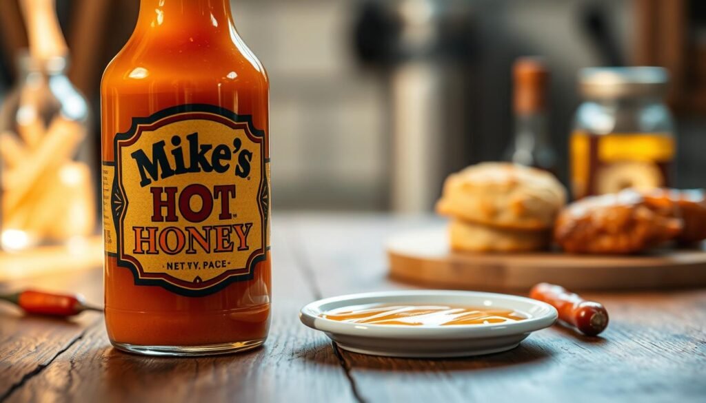 A vibrant close-up image of a bottle of Mike’s Hot Honey placed on a rustic wooden table. The bottle, adorned with its distinctive label, stands in the foreground, catching warm, natural light that accentuates the honey's golden color and rich, sticky texture. In the middle ground, a small dish of honey drizzled in a decorative pattern complements the bottle, alongside subtle hints of spicy peppers and biscuits to evoke flavor pairing. The background features blurred kitchen elements, such as herbs and spices, creating a cozy, inviting atmosphere. The scene conveys a sense of warmth and comfort, highlighting the sauce’s role as a perfect accompaniment to Southern-style fried chicken. The overall mood is appetizing and inviting.