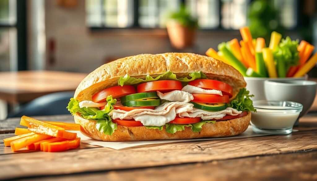 A vibrant, close-up image of a healthy Subway "Fresh Fit" sandwich, prominently featuring lean turkey and fresh vegetables like crisp lettuce, ripe tomatoes, cucumbers, and green peppers, all nestled in whole-grain bread. The sandwich should be placed on a rustic wooden table with a background softly blurred, suggesting a cozy, inviting deli atmosphere. Natural sunlight streams in from a nearby window, casting gentle shadows and highlighting the freshness of the ingredients. Include a side of colorful, freshly cut vegetable sticks and a small bowl of light dressing, enhancing the health-conscious theme. The mood is fresh and appetizing, evoking a sense of healthy living and balanced nutrition. No text or watermarks in the image.