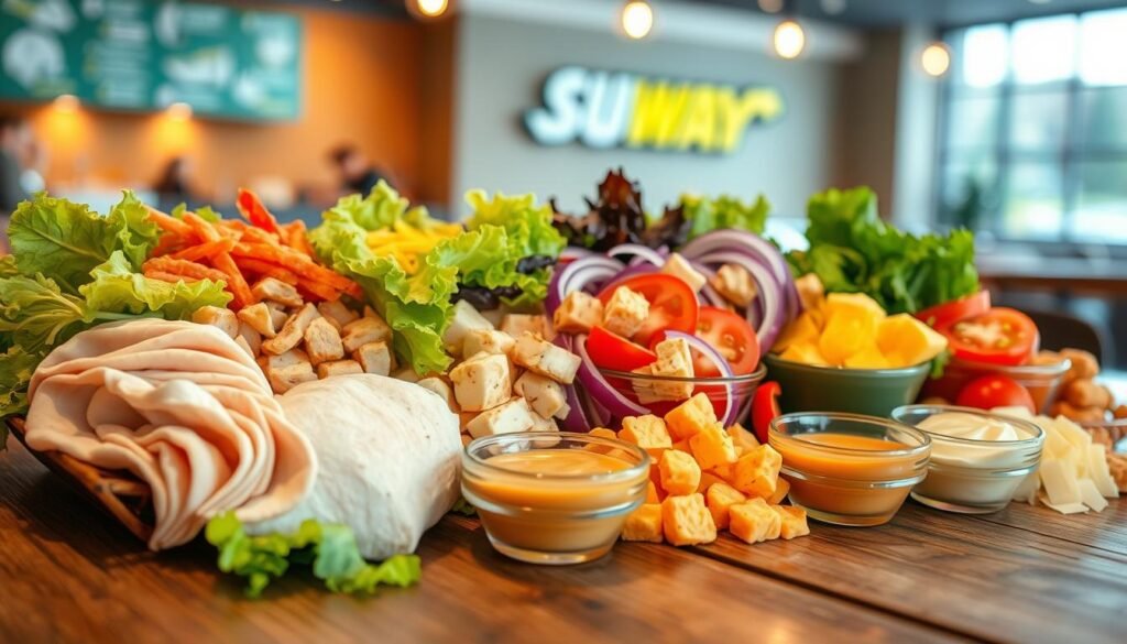 A vibrant, detailed display of various toppings for a Subway wrap, meticulously arranged on a rustic wooden table. In the foreground, a variety of fresh proteins, like sliced turkey, grilled chicken, and tofu, are depicted in clear focus. In the middle, vibrant vegetables including crisp lettuce, juicy tomatoes, and purple onions are artfully placed alongside a selection of cheese, such as cheddar and mozzarella, melted and cubed. Sauces like chipotle ranch and honey mustard are shown in small glass bowls, adding color and texture. The background features a subtle blur of a stylish Subway restaurant interior, offering a warm, inviting atmosphere with ambient lighting. The composition is bright and appealing, evoking a sense of delicious variety and customization, perfect for showcasing the fresh ingredients of a Subway wrap.