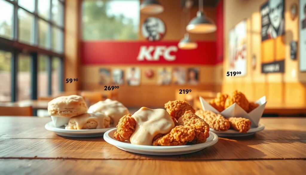 A vibrant, engaging image illustrating the concept of "calories" in a nutritional context. In the foreground, a wooden table displays various KFC breakfast items such as biscuits, gravy, and fried chicken, each labeled with their calorie counts in a tasteful manner. The middle layer features a clear, visually appealing plate of food, showcasing textures and colors, with nutritional icons like calorie and protein symbols artistically integrated. In the background, a softly blurred KFC restaurant interior creates a warm atmosphere, illuminated by natural sunlight streaming through large windows, enhancing the inviting mood. The angle is slightly overhead, allowing for a balanced view of the food while maintaining focus on the calorie theme. The overall composition is bright and appetizing, evoking a sense of curiosity about KFC's breakfast menu and its nutritional information. A vibrant, engaging image illustrating the concept of "calories" in a nutritional context. In the foreground, a wooden table displays various KFC breakfast items such as biscuits, gravy, and fried chicken, each labeled with their calorie counts in a tasteful manner. The middle layer features a clear, visually appealing plate of food, showcasing textures and colors, with nutritional icons like calorie and protein symbols artistically integrated. In the background, a softly blurred KFC restaurant interior creates a warm atmosphere, illuminated by natural sunlight streaming through large windows, enhancing the inviting mood. The angle is slightly overhead, allowing for a balanced view of the food while maintaining focus on the calorie theme. The overall composition is bright and appetizing, evoking a sense of curiosity about KFC's breakfast menu and its nutritional information.