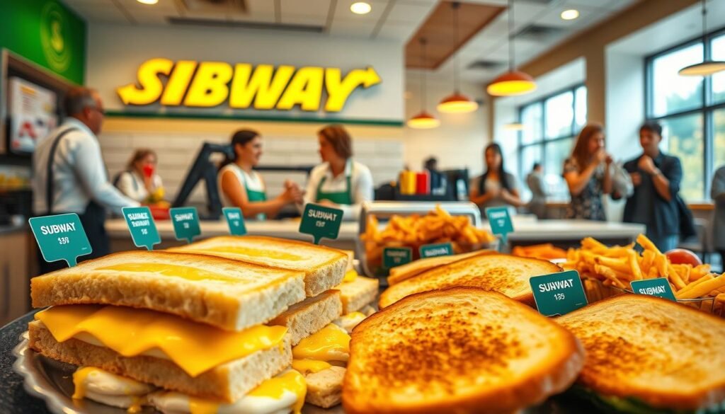 A vibrant, inviting Subway breakfast scene, showcasing a variety of breakfast sandwich items including egg and cheese on freshly toasted bread, alongside a selection of sides like hash browns and fruits. The foreground features a close-up view of a well-arranged breakfast platter with items displayed neatly, emphasizing pricing tags beside each item with clear, bold lettering. In the middle ground, a busy Subway counter showcases cheerful staff dressed in professional attire, engaging with customers in a friendly manner. The background captures a bright, modern Subway interior with soft, warm lighting that creates an inviting atmosphere. A few customers in modest casual clothing are seen enjoying their meals, highlighting the overall vibe of a busy breakfast rush. The composition maintains a balanced focus on the food and the vibrant restaurant setting.