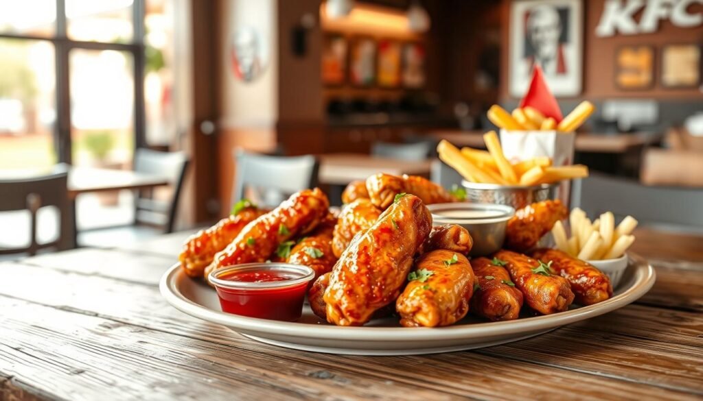 A visually appealing arrangement of KFC wings on a rustic wooden table, emphasizing diverse flavor options like spicy, honey BBQ, and garlic parmesan. In the foreground, a well-organized plate features several wings, garnished with fresh herbs andserved with small dipping sauces. In the middle ground, ingredients like gluten-free labels, allergen notices, and a small bowl of crispy celery sticks are subtly included to highlight allergen information. The background features a softly blurred KFC restaurant setting, ensuring a warm and inviting atmosphere. Natural lighting filters through a nearby window, casting a gentle glow. The scene conveys a sense of cautious enjoyment, suitable for customers making informed food choices. A visually appealing arrangement of KFC wings on a rustic wooden table, emphasizing diverse flavor options like spicy, honey BBQ, and garlic parmesan. In the foreground, a well-organized plate features several wings, garnished with fresh herbs andserved with small dipping sauces. In the middle ground, ingredients like gluten-free labels, allergen notices, and a small bowl of crispy celery sticks are subtly included to highlight allergen information. The background features a softly blurred KFC restaurant setting, ensuring a warm and inviting atmosphere. Natural lighting filters through a nearby window, casting a gentle glow. The scene conveys a sense of cautious enjoyment, suitable for customers making informed food choices.