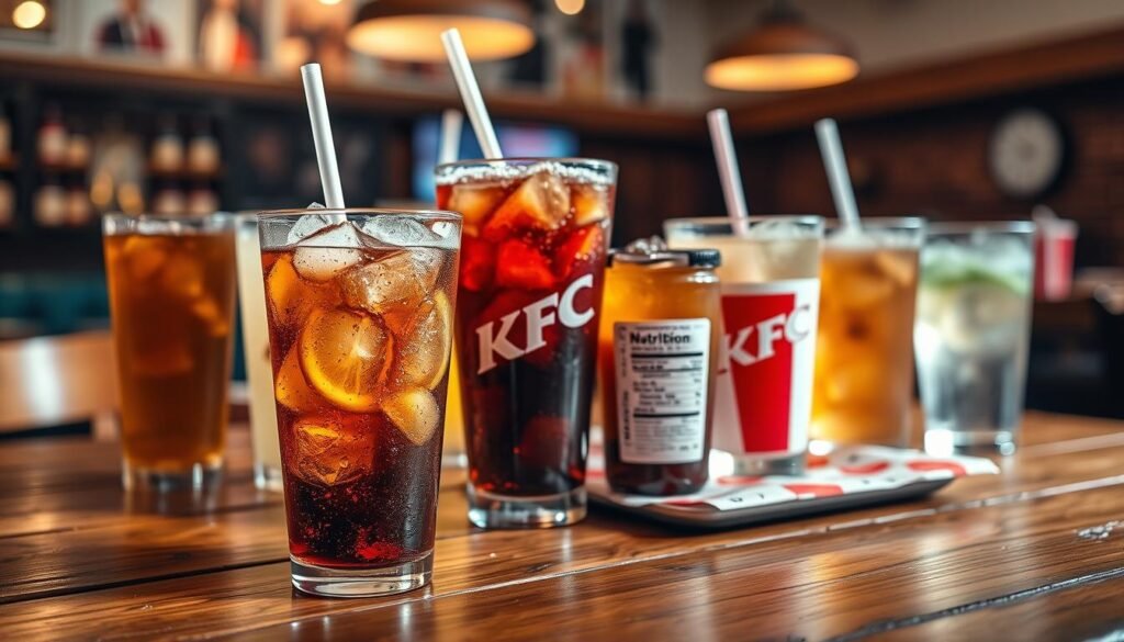 A visually appealing arrangement of various KFC soft drink options, such as cola, lemonade, and iced tea, displayed on a rustic wooden table. In the foreground, include a clear glass filled with ice and a colorful beverage emitting condensation, highlighting freshness. The middle ground features other drinks in stylish cups, along with a small plate of nutrition facts on a napkin, subtly hinting at calorie information. The background is softly blurred, depicting a cozy fast-food restaurant ambiance with warm, inviting lighting, creating a relaxed mood. Use a high-resolution lens to capture the details and textures of the drinks, emphasizing the vibrant colors and reflections for a rich, appetizing atmosphere. A visually appealing arrangement of various KFC soft drink options, such as cola, lemonade, and iced tea, displayed on a rustic wooden table. In the foreground, include a clear glass filled with ice and a colorful beverage emitting condensation, highlighting freshness. The middle ground features other drinks in stylish cups, along with a small plate of nutrition facts on a napkin, subtly hinting at calorie information. The background is softly blurred, depicting a cozy fast-food restaurant ambiance with warm, inviting lighting, creating a relaxed mood. Use a high-resolution lens to capture the details and textures of the drinks, emphasizing the vibrant colors and reflections for a rich, appetizing atmosphere.