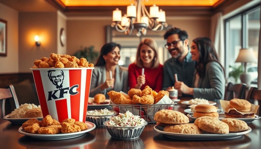 A visually appealing family size guide illustration, showcasing a diverse assortment of delicious KFC family meals arranged elegantly on a dining table. In the foreground, a beautifully styled large bucket of crispy fried chicken, surrounded by sides like mashed potatoes, coleslaw, and biscuits. In the middle, a vibrant family of four enjoying the meal together, dressed in modest casual clothing, smiling and interacting, emphasizing the warmth of shared dining experiences. The background features a cozy dining room with warm, inviting lighting from a soft overhead chandelier, enhancing the sense of family togetherness. The angle is slightly elevated to capture both the meal and the joyful family interaction, creating a mood of comfort, joy, and togetherness suitable for a family dining atmosphere.