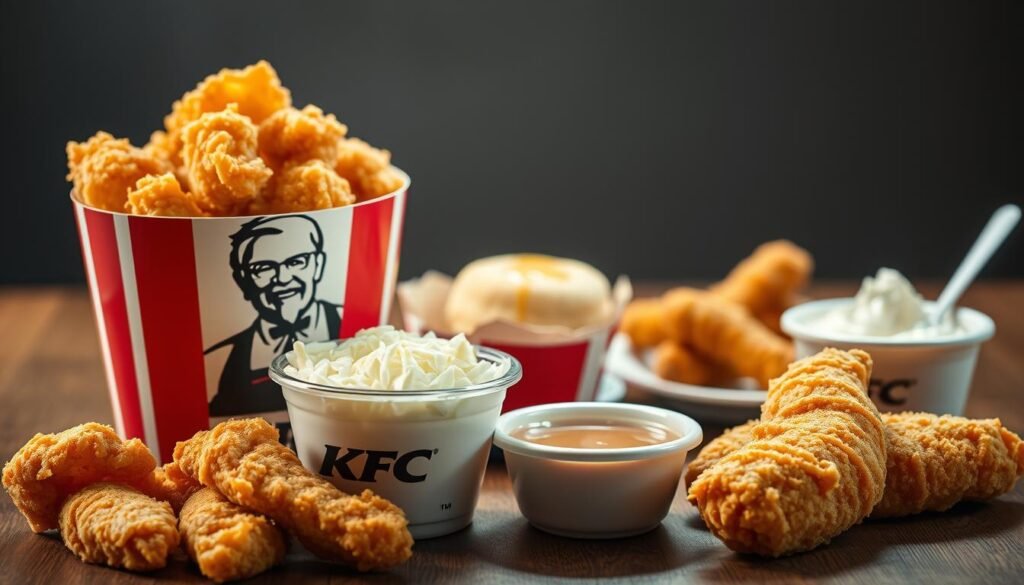 A visually engaging composition featuring a variety of KFC menu items known to contain gluten. In the foreground, showcase a crispy fried chicken bucket with golden, flaky breading, accompanied by a side of coleslaw in a branded container. Include a plate of biscuits with a buttery shine, and a small bowl of gravy thick with texture. In the middle ground, add crispy chicken tenders wrapped in gluten-containing batter, with a dipping sauce beside them. The background should feature soft lighting, creating a warm, inviting atmosphere reminiscent of a KFC dining experience. The angle should be slightly above eye level to capture the food's enticing details clearly. Aim for a realistic style, with vibrant colors that convey indulgence while ensuring all items are clearly identifiable as gluten-containing. A visually engaging composition featuring a variety of KFC menu items known to contain gluten. In the foreground, showcase a crispy fried chicken bucket with golden, flaky breading, accompanied by a side of coleslaw in a branded container. Include a plate of biscuits with a buttery shine, and a small bowl of gravy thick with texture. In the middle ground, add crispy chicken tenders wrapped in gluten-containing batter, with a dipping sauce beside them. The background should feature soft lighting, creating a warm, inviting atmosphere reminiscent of a KFC dining experience. The angle should be slightly above eye level to capture the food's enticing details clearly. Aim for a realistic style, with vibrant colors that convey indulgence while ensuring all items are clearly identifiable as gluten-containing.