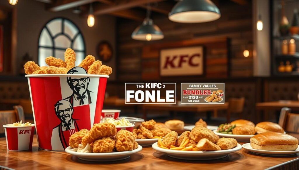 A visually enticing KFC deals menu scene showcasing popular bundles for 2026. In the foreground, a beautifully arranged table featuring a classic KFC bucket filled with crispy fried chicken, adjacent to a variety of sides such as coleslaw, mashed potatoes, and biscuits. In the middle, vibrant plates with family meal bundles are artfully displayed, emphasizing value and variety, with a focus on generous portions. The background features a rustic wooden restaurant interior, warmly lit with hanging pendant lights that create an inviting atmosphere. The angle captures both the table setting and the cozy environment, making the viewer feel the warmth of a family meal together. The overall mood is cheerful and appealing, enticing viewers with the promise of delicious deals.