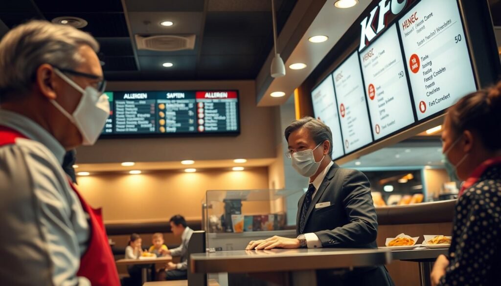 A well-lit KFC restaurant interior, emphasizing a clean and safe ordering environment. In the foreground, a friendly staff member in a professional business attire is interacting with a customer at the counter, both wearing masks. The middle section showcases a menu board highlighting allergen information clearly, with symbols indicating safe options. In the background, visible booths and tables are occupied by families enjoying meals, underscoring a welcoming atmosphere. Soft, warm lighting creates a comforting ambiance. The angle is slightly elevated, providing a comprehensive view of the ordering process, while capturing the essence of customer service and safety. The focus is on conveying a sense of security and trust in the dining experience at KFC.