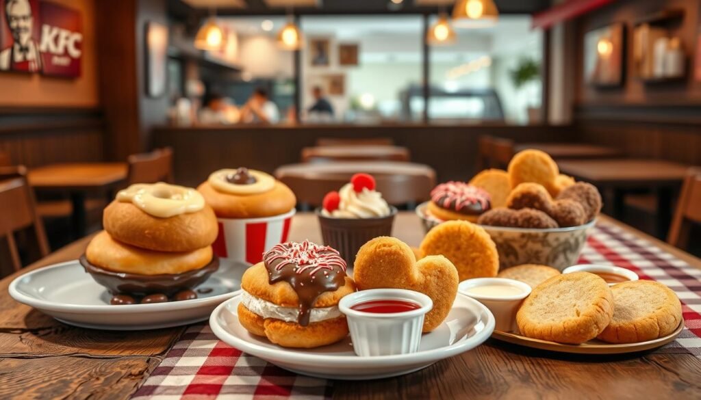 An artistic display of KFC secret menu sweets, featuring a variety of indulgent desserts like doughnuts filled with creamy custard, chocolate-covered pie, and a colorful assortment of sweet biscuits shaped like chicken. In the foreground, a beautifully arranged plate holds these treats, with smaller portions of unique sauces for dipping. The middle ground showcases a rustic wooden table adorned with a checked tablecloth, creating a homely feel. In the background, the faint outline of a cozy KFC restaurant ambiance, with warm lighting that adds a golden hue to the scene. Use a soft focus lens effect to create an inviting atmosphere, capturing the essence of hidden culinary treasures. The overall mood is playful yet appetizing, inviting viewers to uncover these limited-availability delights.