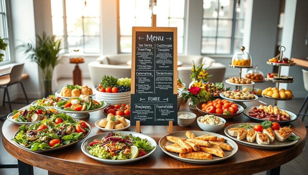 A beautifully arranged customizable catering menu spread across a stylish wooden table in a bright, well-lit modern setting, showcasing an array of fresh ingredients and culinary delights. In the foreground, elegant serving platters filled with vibrant salads, artisanal sandwiches, and assorted appetizers, garnished with herbs. The middle ground features a chalkboard easel displaying a detailed menu layout with sections for customizable options, alongside colorful fruit and dessert displays. In the background, soft natural lighting filters through large windows, creating a warm and inviting atmosphere. The scene conveys a sense of freshness and creativity, perfect for an upscale catering service. Capture the essence of variety and customization in every detail, ensuring the image exudes a professional and appetizing vibe.
