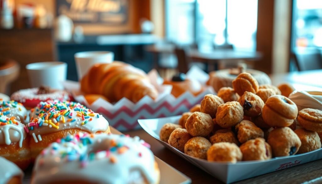 A beautifully arranged display of Tim Hortons baked goods showcasing a variety of donuts, Timbits, and pastries. In the foreground, feature a selection of colorful and delectable donuts topped with sprinkles, powdered sugar, and creamy icing, alongside an assortment of golden-brown Timbits nestled in a charming paper tray. In the middle, place a freshly baked croissant and a warm blueberry muffin, exuding a delightful aroma. The background should be a cozy coffee shop setting, with wooden accents and soft, warm lighting that creates an inviting atmosphere. Use a shallow depth of field to emphasize the baked goods while softly blurring the background. Capture it from a slightly elevated angle to give a comprehensive view of this mouth-watering assortment, inviting the viewer to indulge in the delicious offerings paired perfectly with a steaming cup of coffee.