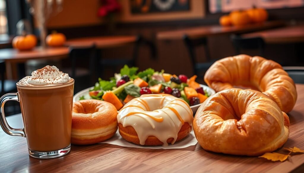 A beautifully arranged display of Tim Hortons' seasonal menu items, showcasing a variety of limited-time offerings. In the foreground, a steaming cup of pumpkin spice latte topped with whipped cream and a sprinkle of cinnamon sits next to a freshly baked maple glazed donut with a delicate drizzle. The middle ground features a vibrant fall salad, adorned with roasted squash and cranberries, alongside a warm, flaky pastry filled with apple and spices. The background features a cozy café setting with soft, warm lighting, highlighting wooden tables and autumnal decorations, like mini pumpkins and leaves. The overall mood is inviting and festive, encapsulating the essence of seasonal comfort foods.