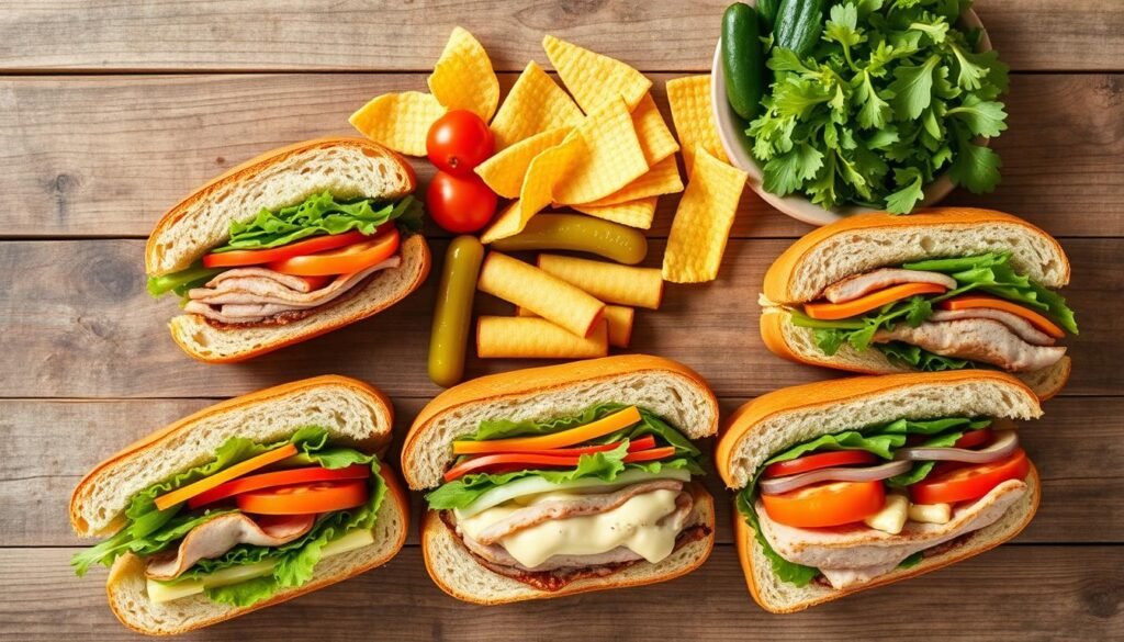 A beautifully arranged flat lay of Jimmy John's gluten-free options, featuring a variety of fresh, colorful ingredients. In the foreground, display several gluten-free sandwiches, showcasing gluten-free bread filled with vibrant vegetables, lean meats, and delicious spreads. In the middle, include some gluten-free chips and pickles, artistically placed to complement the sandwiches. The background should feature a rustic wooden table surface, adding warmth to the scene. Use natural lighting to create a soft, inviting atmosphere, enhancing the freshness of the food. Capture this composition from a top-down angle to effectively display all elements together. The mood should be wholesome and appetizing, highlighting the delicious gluten-free alternatives offered by Jimmy John's.