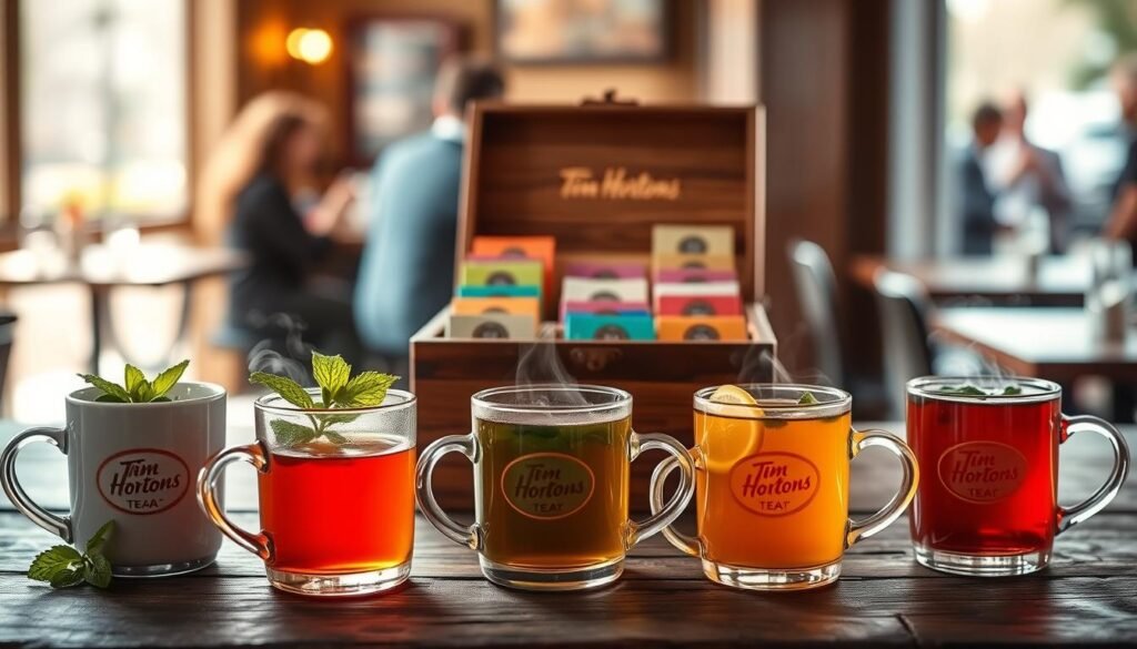 A beautifully arranged selection of Tim Hortons teas displayed on a rustic wooden table. In the foreground, steaming mugs of various teas—Earl Grey, green tea, herbal blends—are garnished with fresh mint leaves and lemon slices. The middle background features an elegant wooden tea box, partly open to showcase colorful tea bags. Soft natural lighting filters in from a nearby window, adding warmth to the scene, highlighting the rich colors of the tea. A blurred café atmosphere is suggested in the background, with soft silhouettes of patrons enjoying their drinks, enhancing the feeling of comfort and community. The overall mood is cozy and inviting, perfect for a relaxed tea experience.