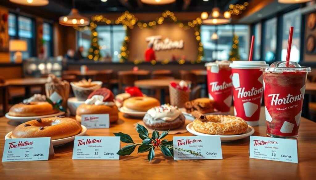 A beautifully arranged table showcasing a selection of Tim Hortons' holiday menu items, focusing on their nutritional aspects. In the foreground, a colorful array of festive treats like donuts, pastries, and seasonal beverages, each with small, elegant cards displaying calorie counts and key ingredients. In the middle, a warm wooden table surface adorned with sprigs of holly and cinnamon sticks, emphasizing the holiday theme. In the background, a softly lit Tim Hortons cafe environment with cozy seating and an inviting atmosphere, adorned with holiday decorations. The lighting is warm and inviting, creating a festive mood. Capture this scene from a slightly elevated angle to highlight the delicious treats and their nutritional information, while ensuring clarity and focus on the food items.
